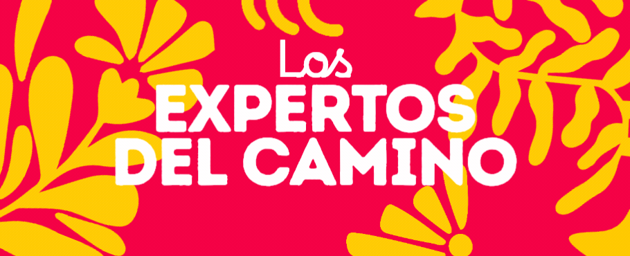 Bright pink poster featuring bold white text 'Los EXPERTOS DEL CAMINO' surrounded by yellow floral shapes.